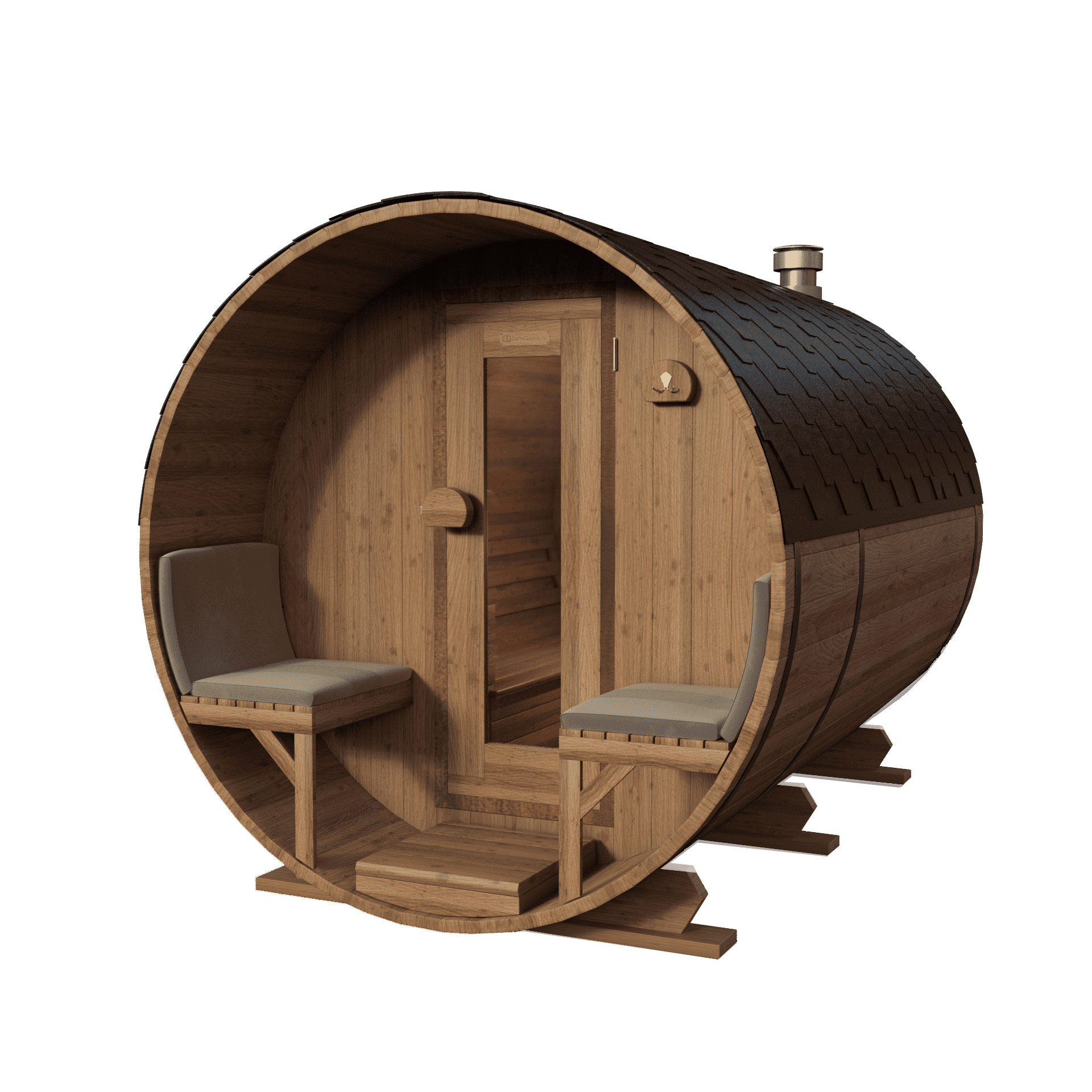 Houten barrelsauna met buitenbankjes