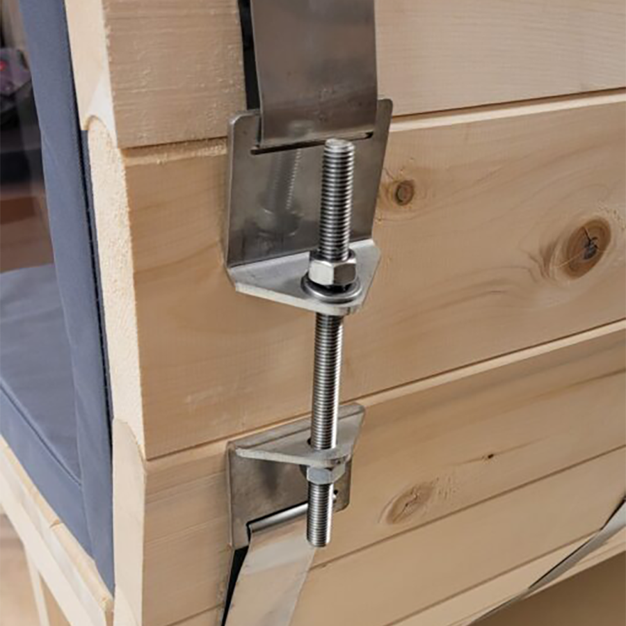 Tension strap with tensioner for barrel saunas